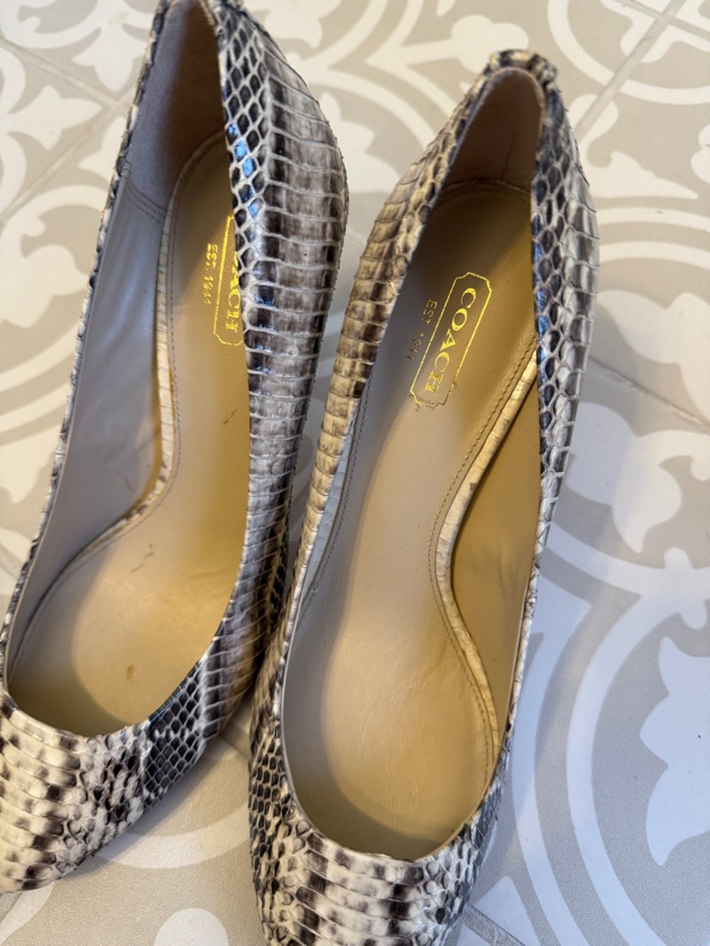 Coach Gray and Black Snake-Print Heels. Never worn